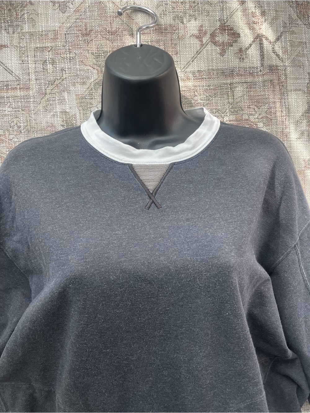 Brunello Cucinelli Grey Crewneck Sweater with White Trim and Embellished Detail - Picture 2 of 10